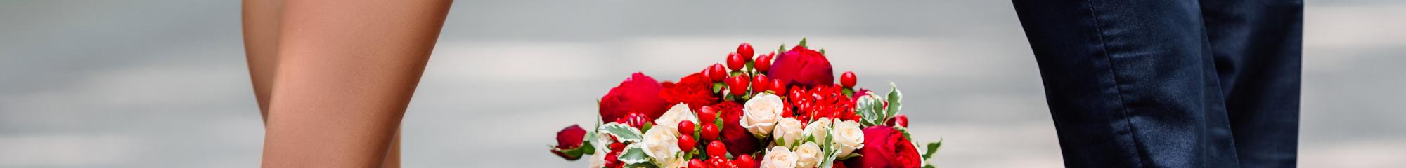 Bride and Groom, red shoes and bouquet